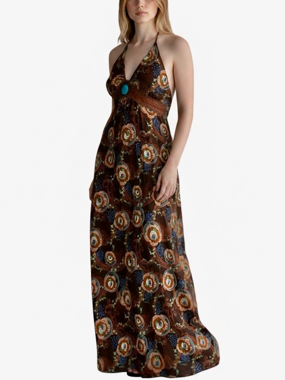 Silk Sun Dress Maxi Gown Halter Tall Turquoise Western Southwestern Festival Sky